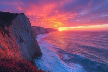 Fototapeta premium pacific coast sunrise vibrant hues of orange pink and purple lighting up the horizon illuminating rocky cliffs and gentle waves below creating a tranquil atmosphere