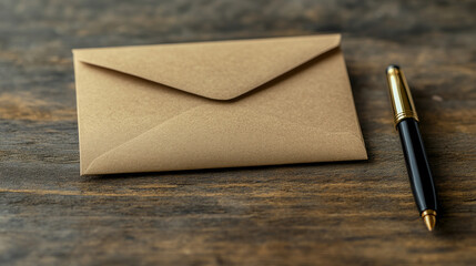 A kraft envelope and elegant pen rest on a rustic wooden surface, ready for a heartfelt message. Simple, yet sophisticated.