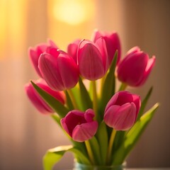 Fototapeta premium a bouquet of pink and purple tulips in a blue vase