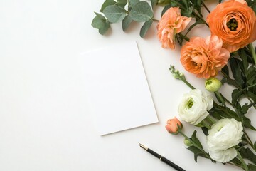 A beautiful arrangement of colorful flowers beside a blank card and a pen, ideal for creating personalized notes in a fresh, elegant style.