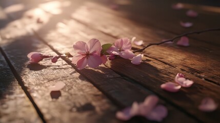 Delicate pink flower petals resting on a wooden surface, capturing the beauty of nature and the charm of springtime.