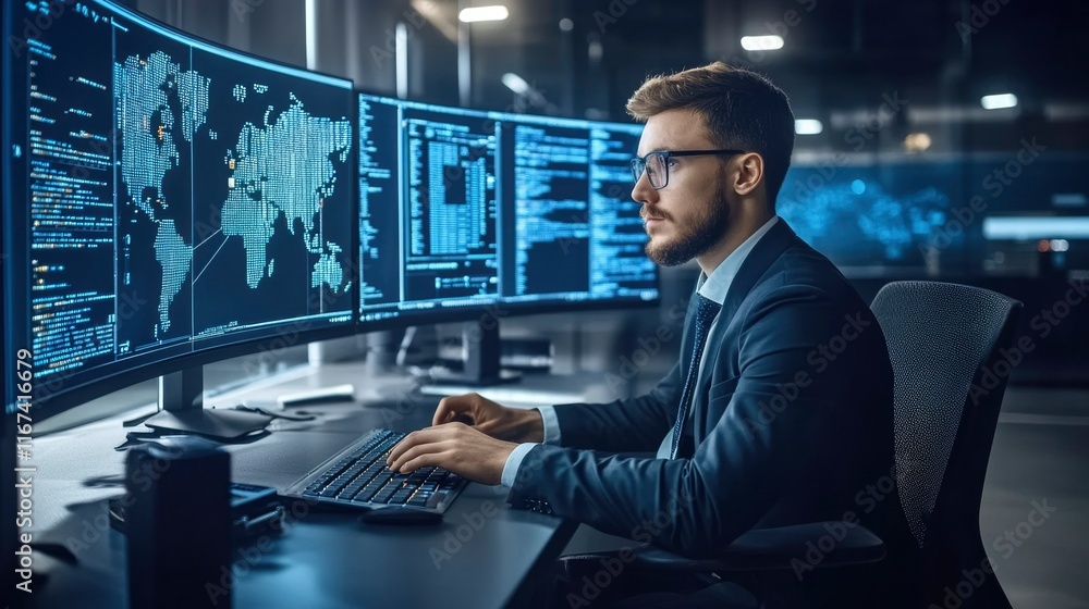 Poster businessman analyzing global data on multiple monitors