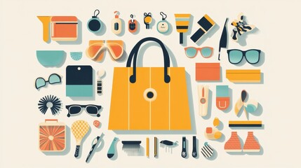 Colorful Flat Lay of Fashion Accessories and Handbag on Light Background
