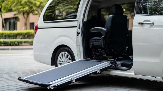 Wheelchair ramp into the minibus for the people with disabilities. Modernized public transport. Disabled ramp car. 