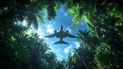 Airplane flying through a tropical paradise with palm trees