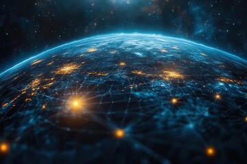 planet earth enveloped in a digital grid symbolizing the interconnectedness of technology and global communication with a cosmic backdrop to enhance the futuristic theme