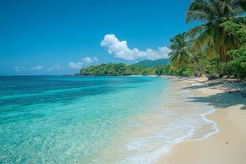 Escape to a serene beach with turquoise waters and palms