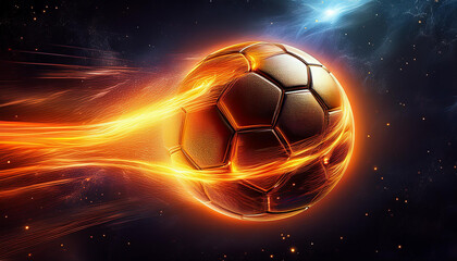 Fototapeta premium cosmic orange soccer ball with fiery trail in outer space