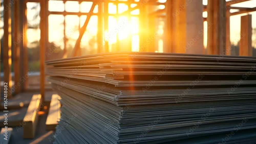 Poster A neat stack of drywall sheets positioned on a construction site, surrounded by wooden frames and scaffolding, illuminated by soft sunlight streaming through open windows