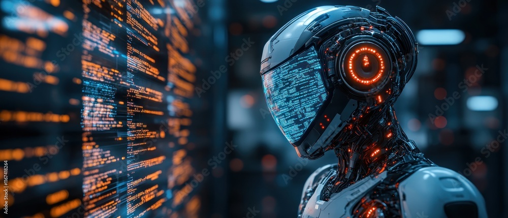 Poster futuristic robot with data interface and glowing elements