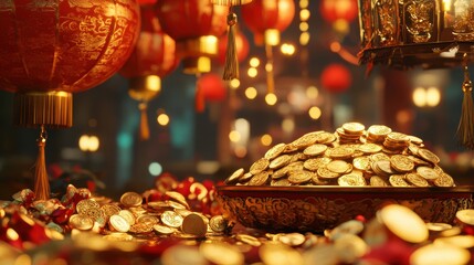Golden Coins on Display Surrounded by Lanterns and Festive Decorations