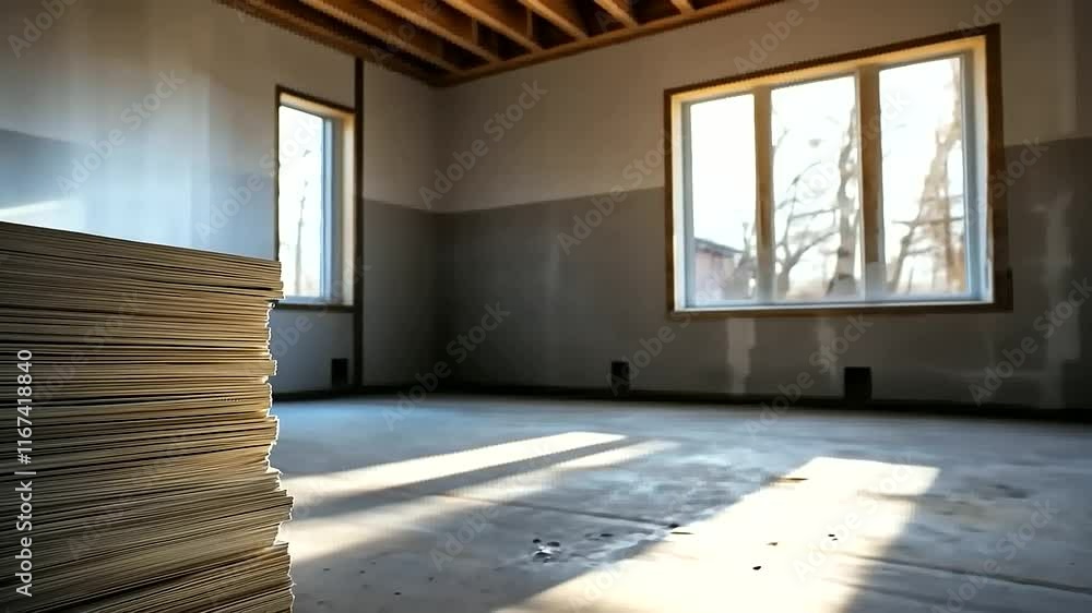 Poster stacked drywall sheets in a partially built room, with beams and insulation visible, highlighting th