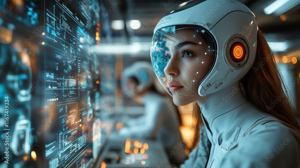Poster astronauts analyzing data in futuristic control room