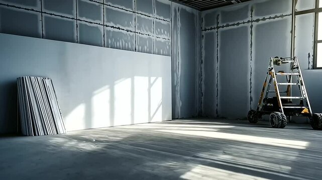 A row of pristine drywall sheets leaning against a freshly framed wall, surrounded by construction equipment and a dusty floor