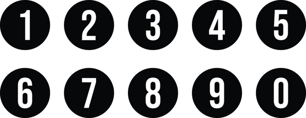 set of 0 to 9 white number on black circle vector illustration.