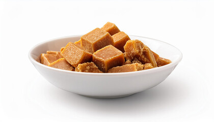 jaggery sugar in white bowl on isolated white background clipping path