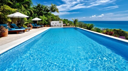 Clear blue water in a modern pool with palm trees. A serene pool surrounded by lush tropical beauty