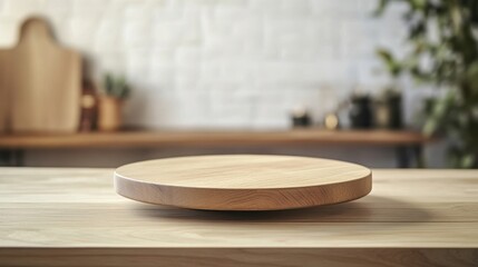 round wooden product podium stage on a kitchen wooden table