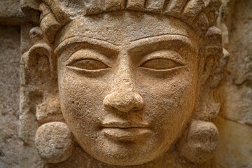 Stone carving, serene face, ancient artifact.