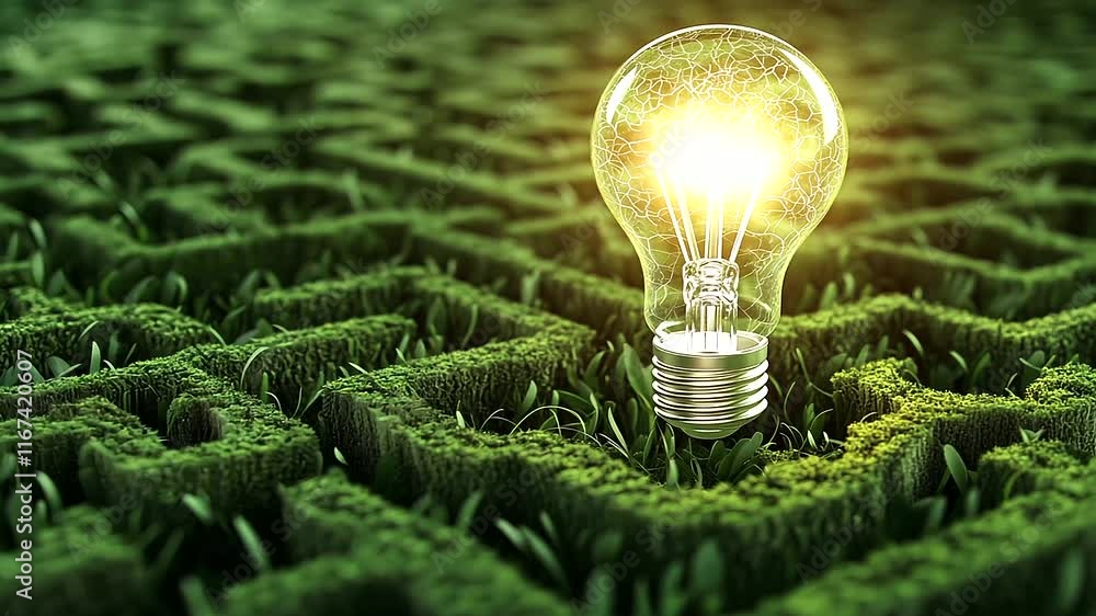 Aufkleber a glowing lightbulb stands at the epicenter of a green maze shaped like a brain, symbolizing the eme