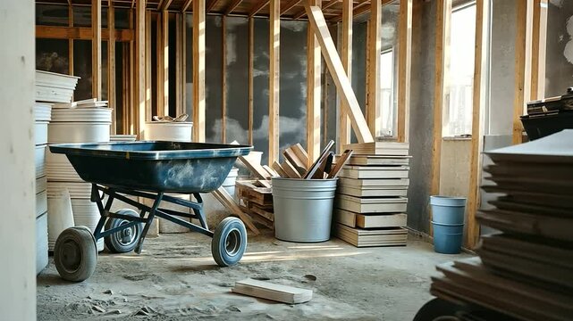 Stacks of drywall sheets in a construction area, with a wheelbarrow, buckets of joint compound, and other materials scattered around