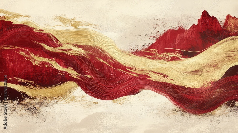 Poster abstract chinese theme with expressive brushstrokes in deep red and gold, symbolizing vitality and c