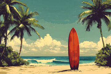 A vibrant beach scene featuring a red surfboard among palm trees and ocean waves.