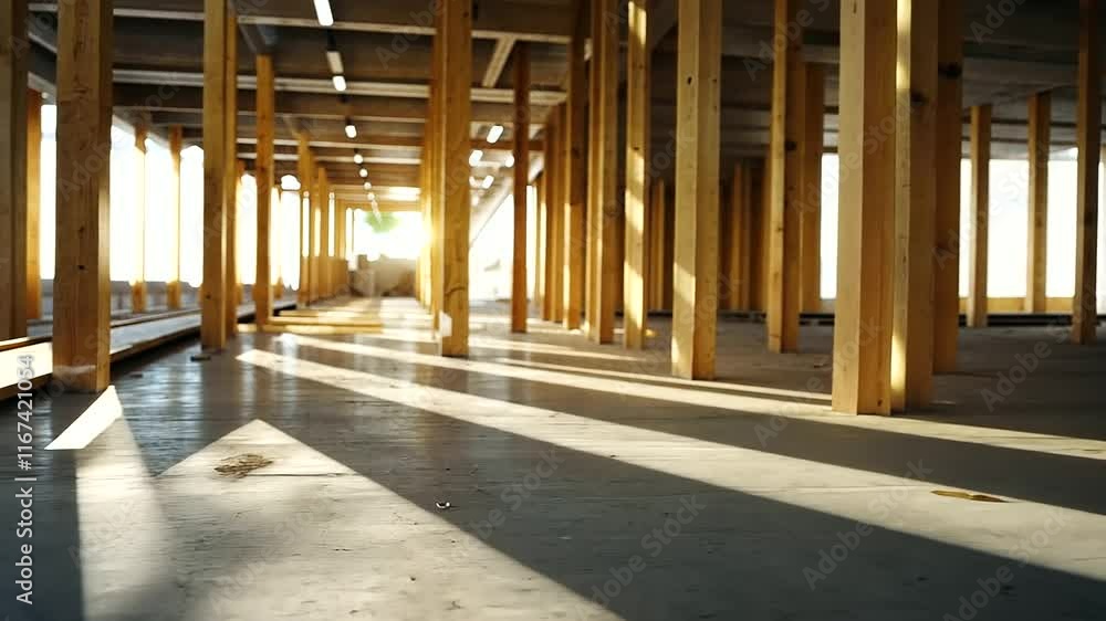 Poster a modern construction site with stacked drywall sheets centered in the frame, surrounded by framing 