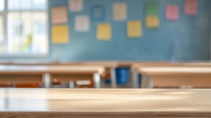 close-up shot of modern wooden table used for a product stage, with blurry bokeh modern kitchen interior background