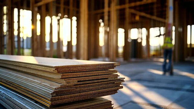 A sunlit construction site with drywall sheets neatly arranged against a framed wall, capturing the transition from raw materials to a finished space