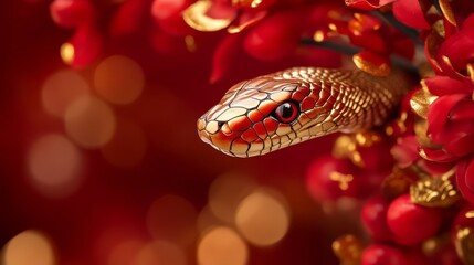 A close-up of a golden and red snake partially concealed among vibrant red flowers, against a blurred, warm background.
