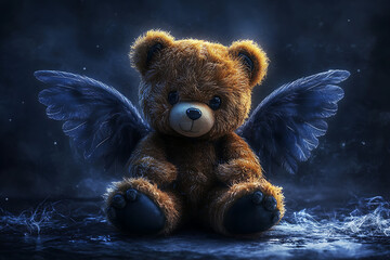 A plush teddy bear with angelic wings, set against a mystical, dark background.