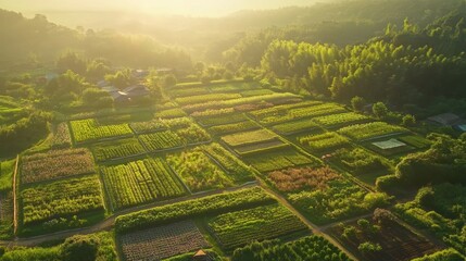 Fototapeta premium Aerial View of Lush Green Agricultural Fields at Dusk