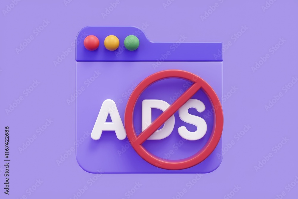Poster 3D illustration of a browser window with a red circle and slash over the word ADS, signifying ad blocking.