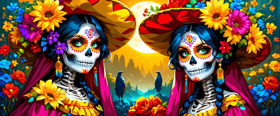 Mexiko und der Tag der Toten, Frauen mit symbolischen Bemalungen und traditionellen Kost&uuml;men mit Blumen w&auml;hrend der wichtigsten mexikanischen Feiertage D&iacute;a de Muertos, Panorama.