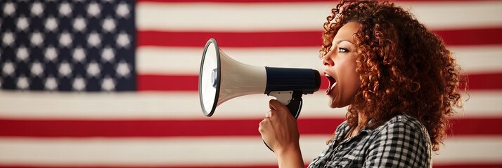 activist speaking into megaphone in front of American flag background