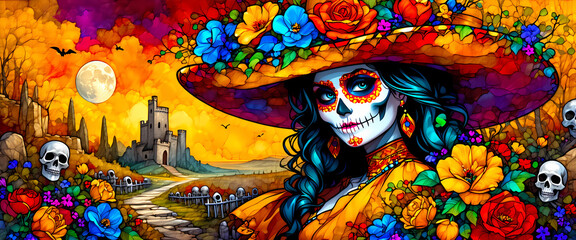 D&iacute;a de Muertos, traditioneller Feiertag zum Tag der Toten in Mexiko. Mexikanisches Frau im traditionellen Kost&uuml;m mit Blumen und Bemalungen im Totenkopf-Stil.