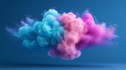 Obraz premium A vibrant cloud of blue and pink haze of powder swirls against a soft blue background, creating an artistic and dynamic visual effect.