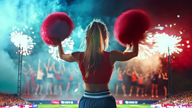 Happy cheerleader girl with red pom-poms back view, celebrating team score. 
