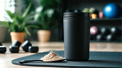A matte black shaker bottle with its lid open and a scoop of protein powder resting on it, placed on a fitness mat with a motivational quote in the background