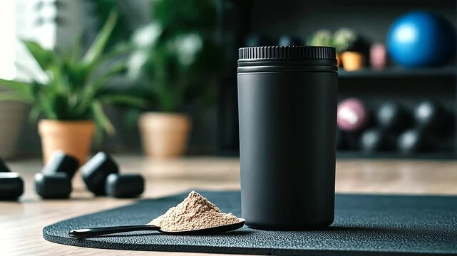 A matte black shaker bottle with its lid open and a scoop of protein powder resting on it, placed on a fitness mat with a motivational quote in the background