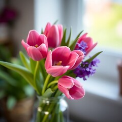 Fototapeta premium a bouquet of pink and purple tulips in a blue vase