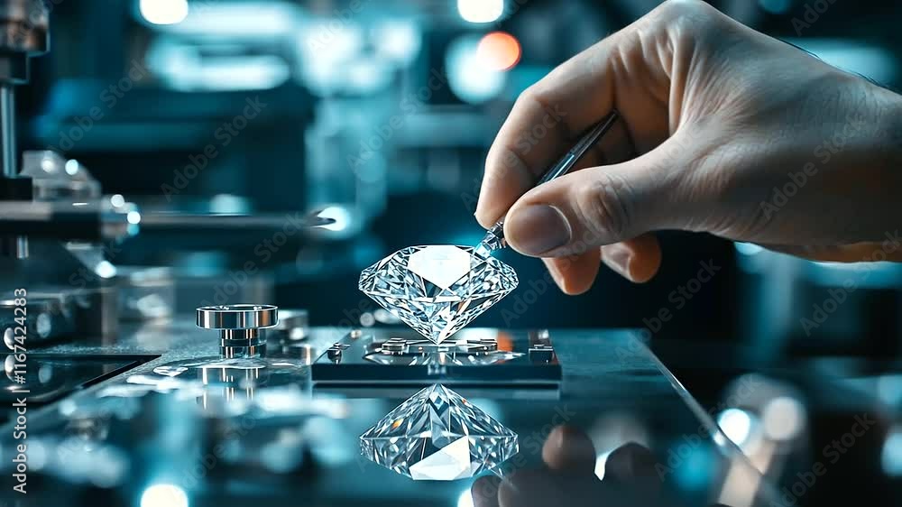 Poster a synthetic diamond undergoing fine adjustments in a precision lathe, with a technician monitoring t