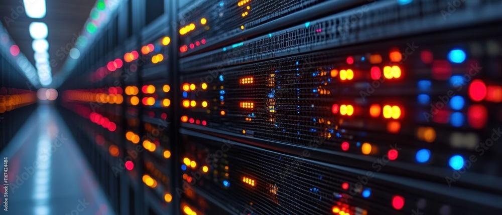 Poster data center with illuminated server racks and cables