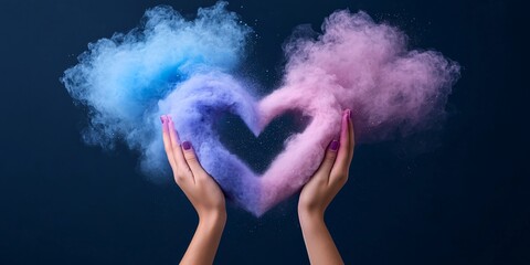 A vibrant heart shape, formed by hands using shades of blue and pink, emerges amidst a haze of colorful powders against a dark background, symbolizing love and creativity.