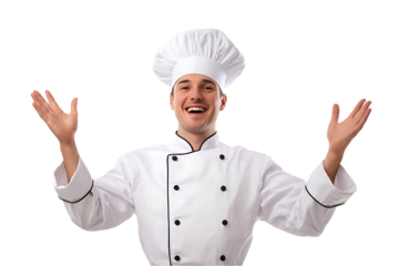 Happy male chef in uniform, arms open wide, welcoming gesture.