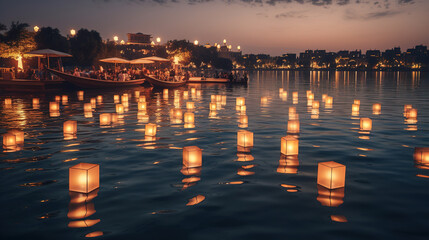 Floating Candles on a River at Dusk