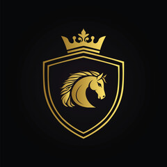 Royal golden horse logo in a shield with a crown symbolizing elegance power and prestige  
