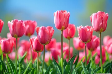 Fototapeta premium Vibrant Pink Tulips Blooming in Spring Garden Nature Photography Bright Environment