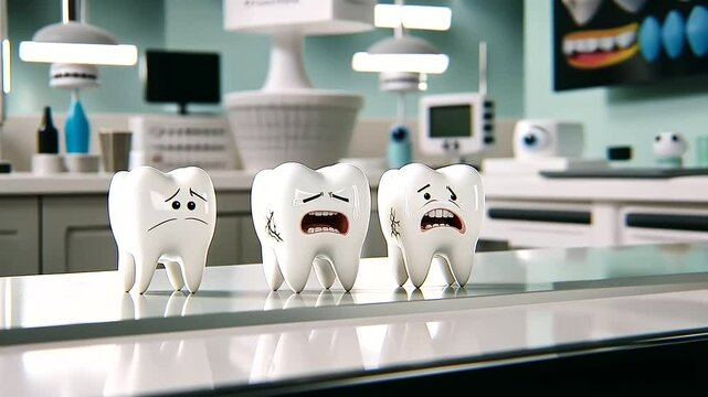 Three cartoon teeth with exaggerated expressions of pain, one holding its cheek with a tear, another sweating nervously, and the third grimacing, all with visible cracks on their e